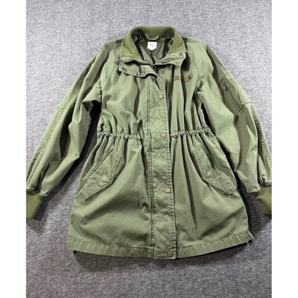 GAP Womens Olive Green Utility Parka Jacket Cinched Waist Tall Small S Tall - Picture 2 of 8